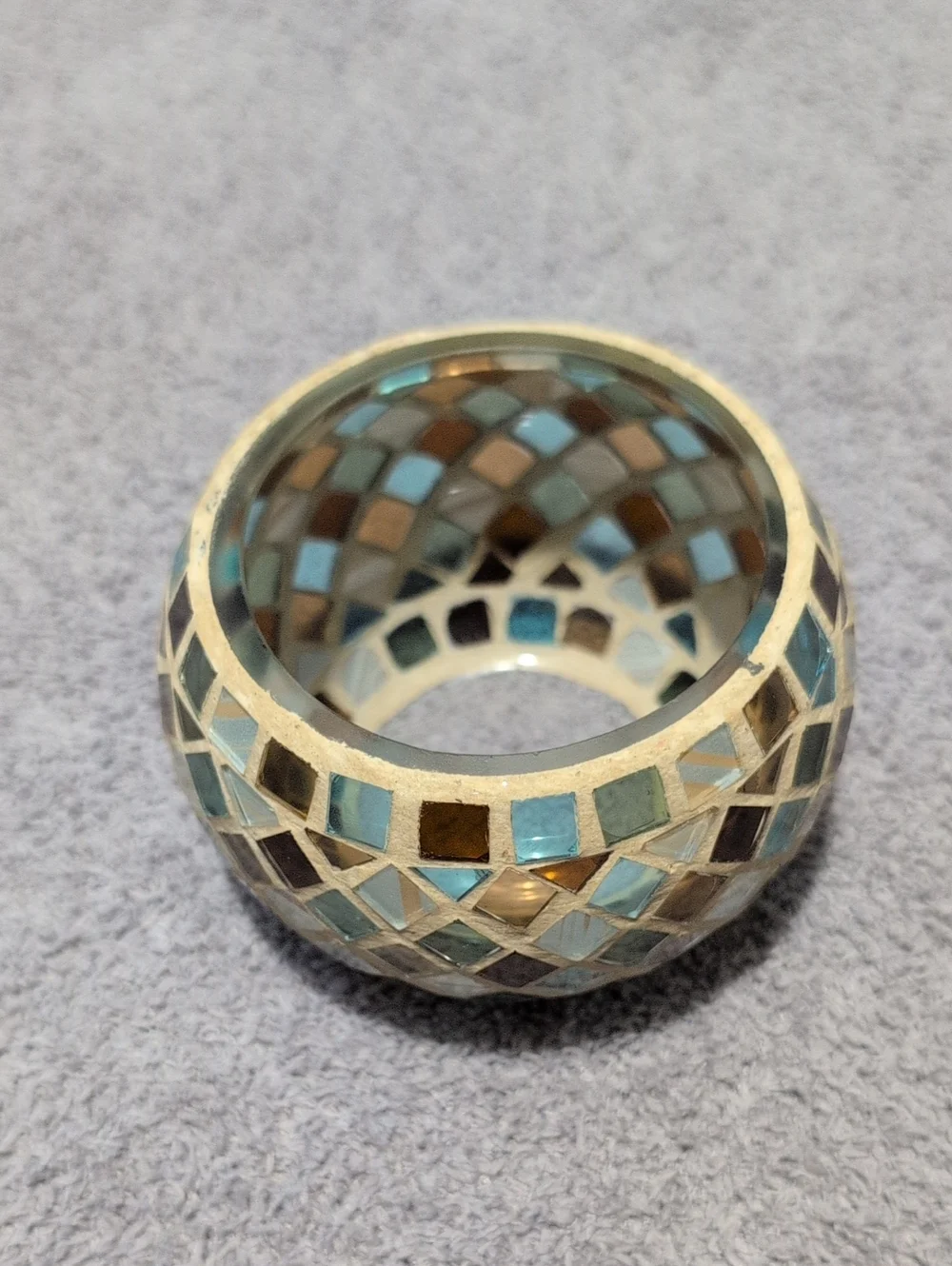 Mosaic Glass Tea Light Holder - Aqua, Gold, Brown